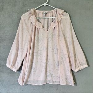 Elle Romantic Pink Blouse Semi sheer Womens Large 3/4 Balloon Sleeves